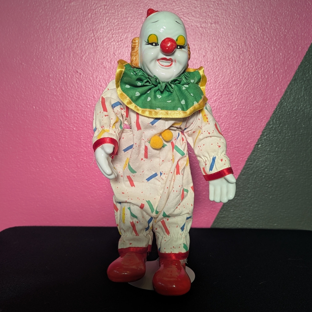 Vintage Happy Clown Porcelain Doll | Confetti Jumpsuit & Red Shoes